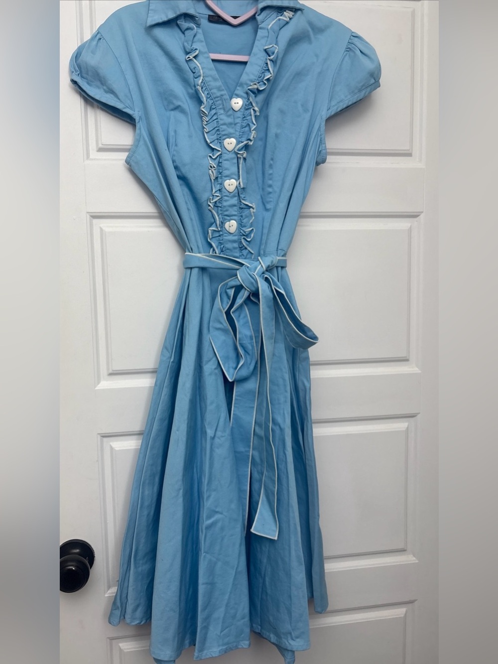 Anni Coco Blue Vintage Retro Rockabilly Shirt Dress Heart Buttons Ruffle Large